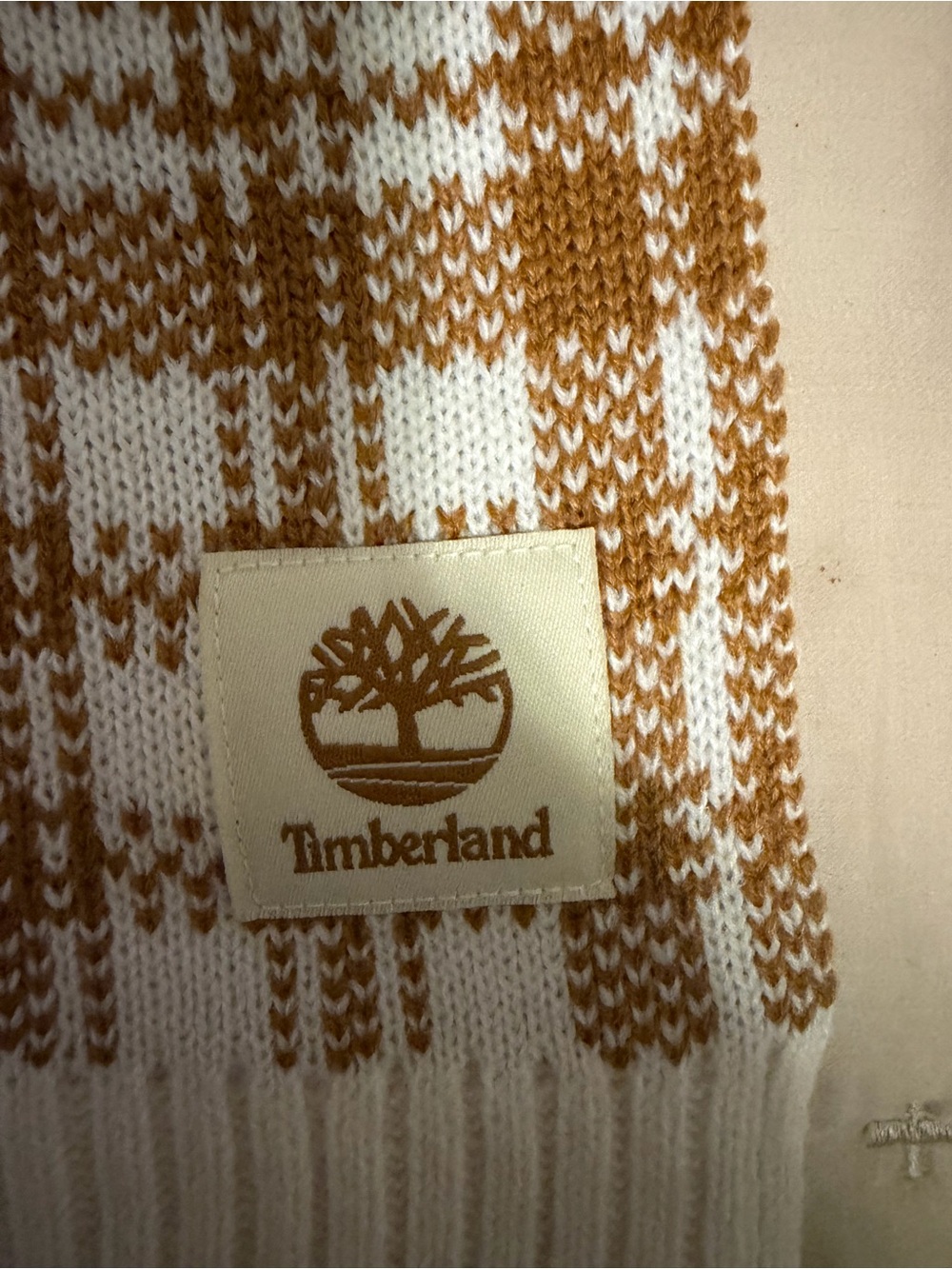 Timberland Plaid Knit Scarf Tan White Neutral OS NWOT - Picture 7 of 11